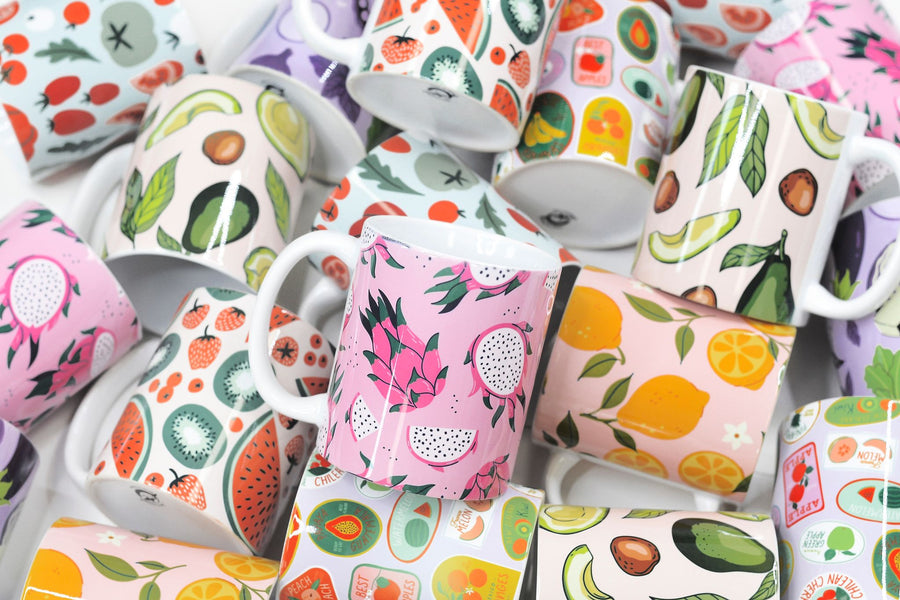 Fruit Labels PURPLE Full Wrap Ceramic Mug