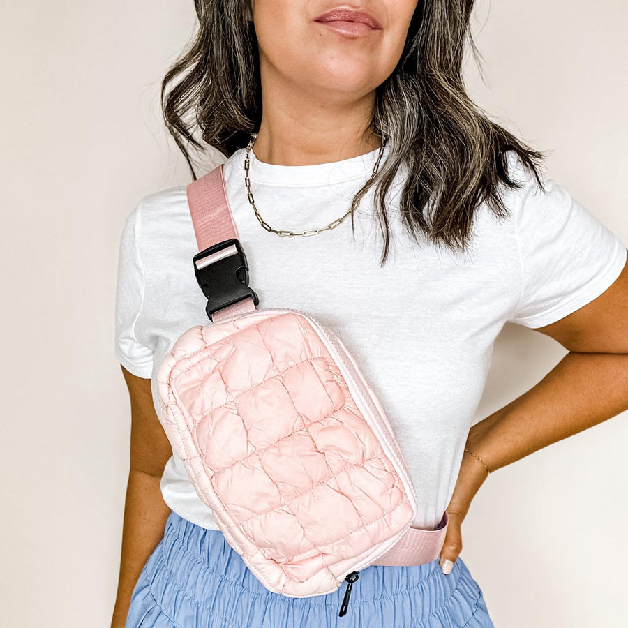 light pink puff quilted crossbody bag